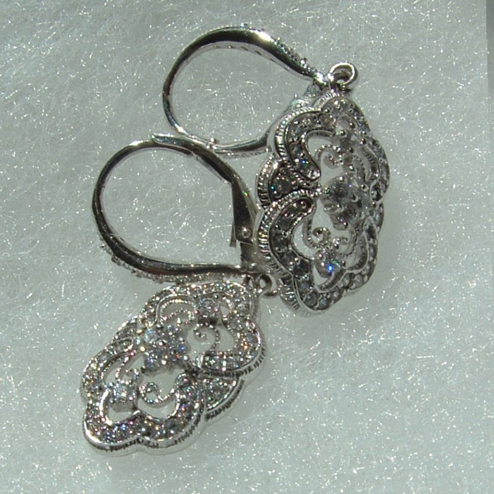 925 Sterling Silver CZ Diamonique Floral Earrings Retro Art Deco Style - Picture 5 of 14